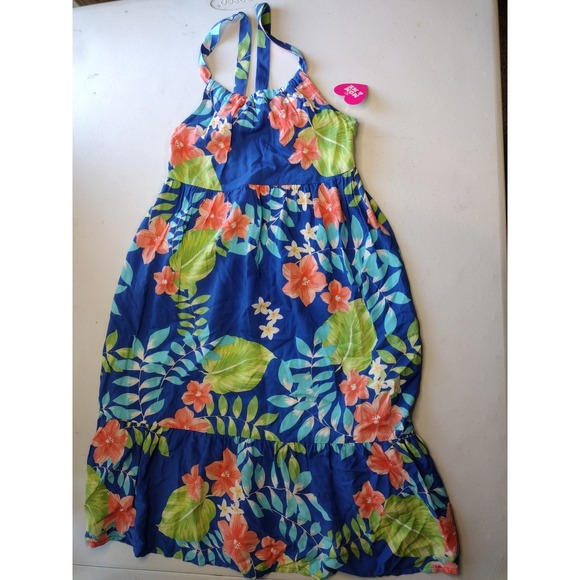 The Childrens Place Girls Tropical Floral Maxi Dress Blue Coral Green Size 7/8 - Picture 1 of 5